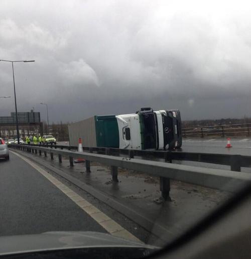 Lorry overturns on Barton Bridge as 60mph winds batter Greater