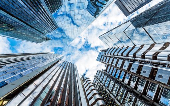 Low angle view of modern futuristic skyscrapers in the City of London, England, UK