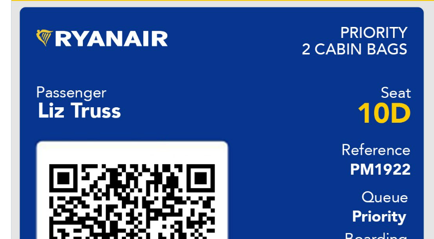 Ryanair's faked boarding pass for Liz Truss following her resignation