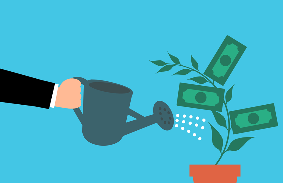 Person watering a money plant graphic