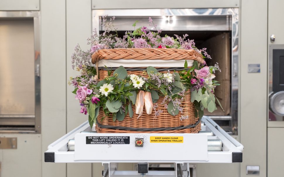 A coffin ready to be cremated