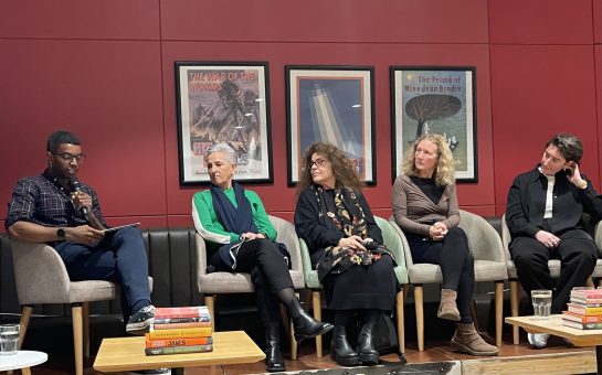 Image of Okechukwu Nzelu hosting a panel with Booker Prize-nominated authors, Charlotte Wood, Anne Michaels, Samantha Harvey and Yael van der Wouden