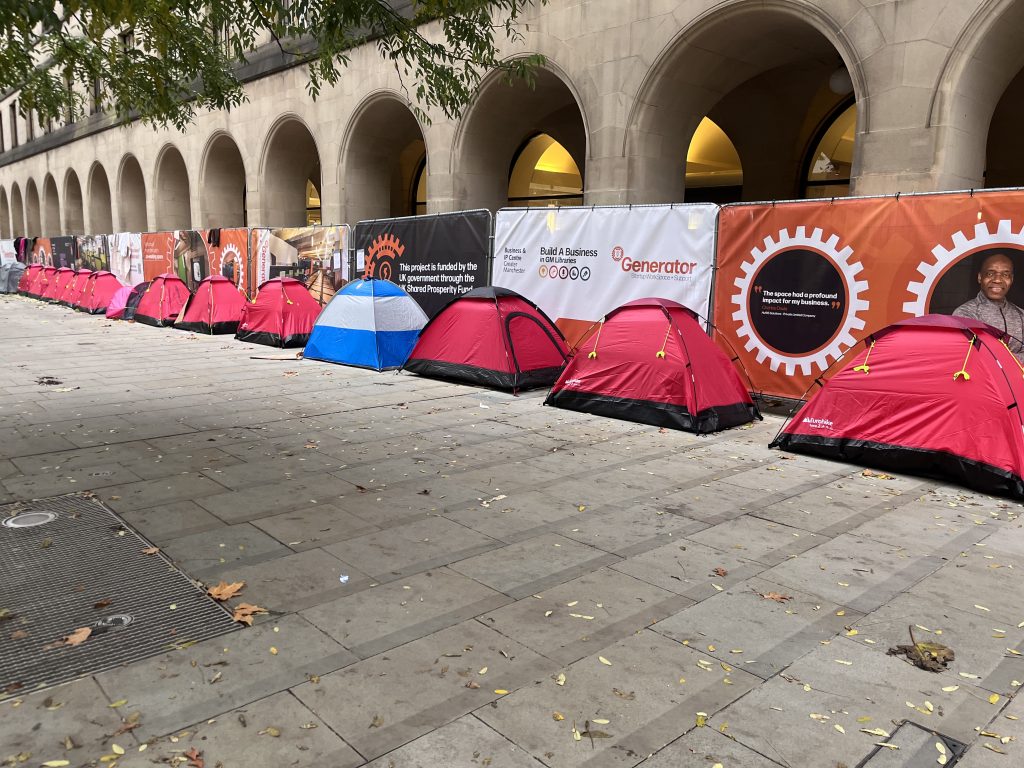 Tents outside Manchester Town Hall by Serena Murphy. Free to use for MM.